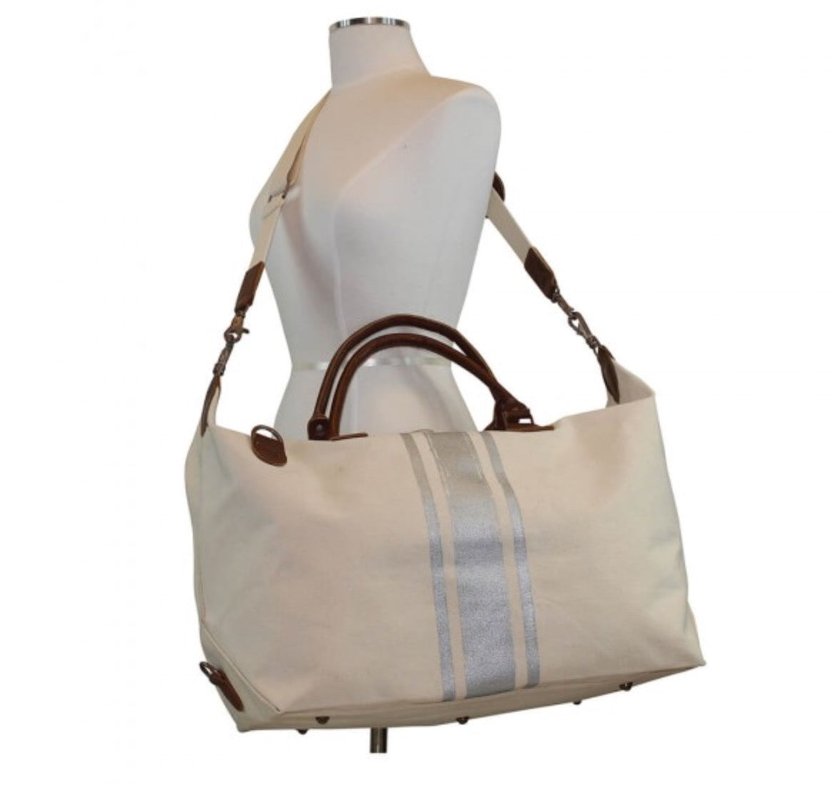 Weekender Striped Bag - Side View - Shoulder Strap on Mannequin & Handles